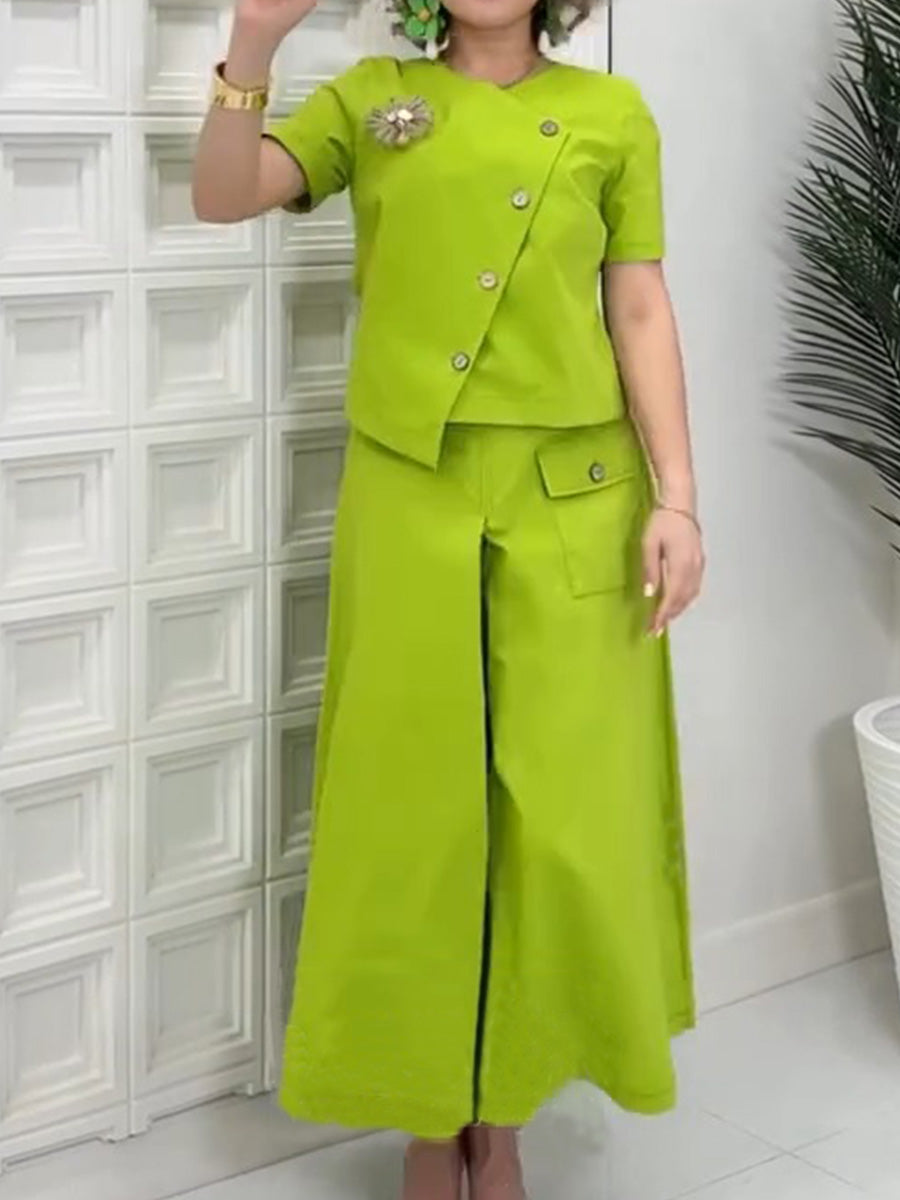 Women's Solid Color V-Neck Short Sleeve Casual Cotton and Linen Tops High Waist Casual Cotton and Linen Skirt Set