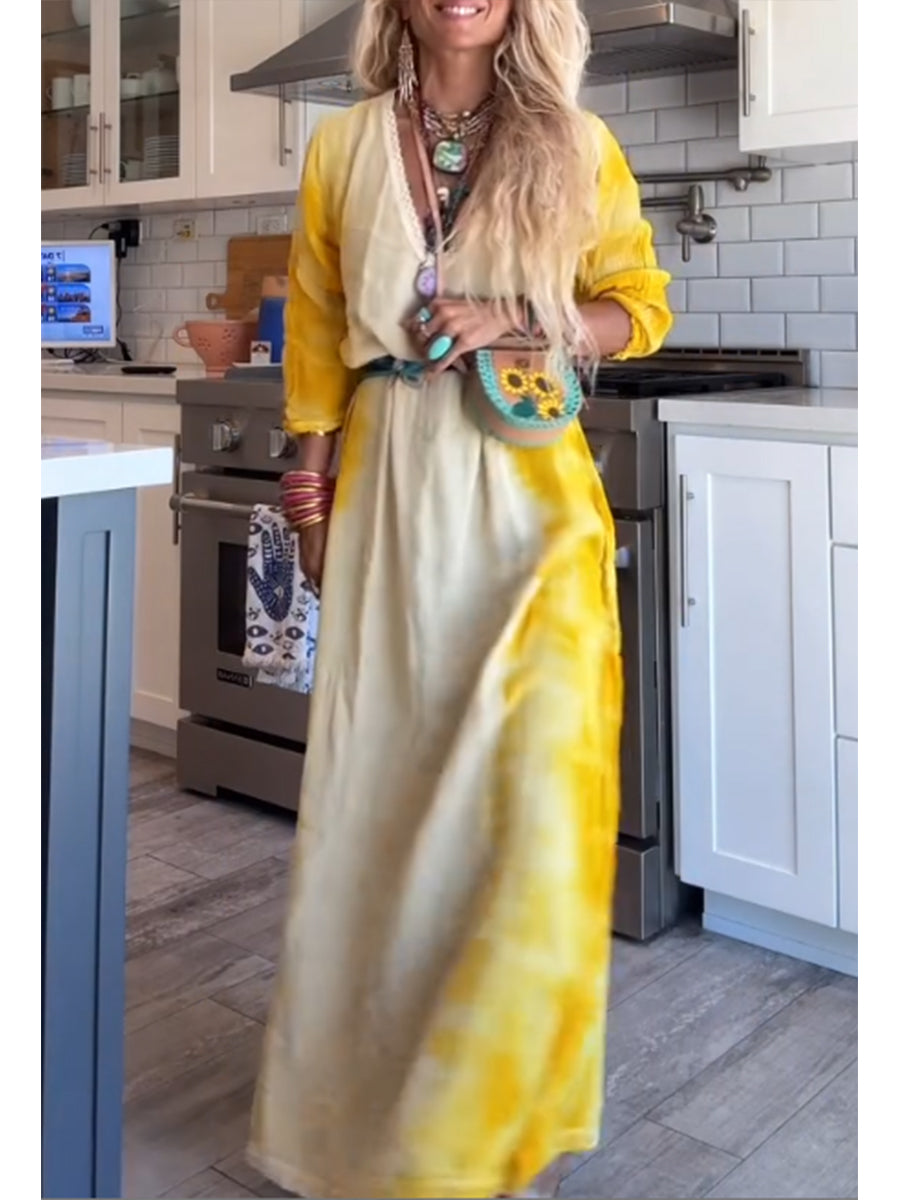 Women's Yellow Gradient Cotton and Linen Long Skirt