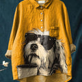 Cute Animal Sunglasses Coffee Dog Art Animal Vintage Print Casual Cotton And Linen Shirt