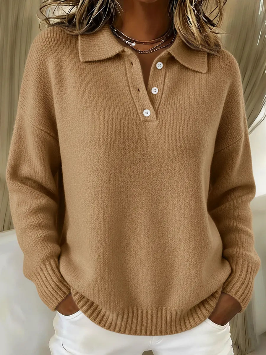 Classic Polo Neck Button-Down Solid Color Sweater Top