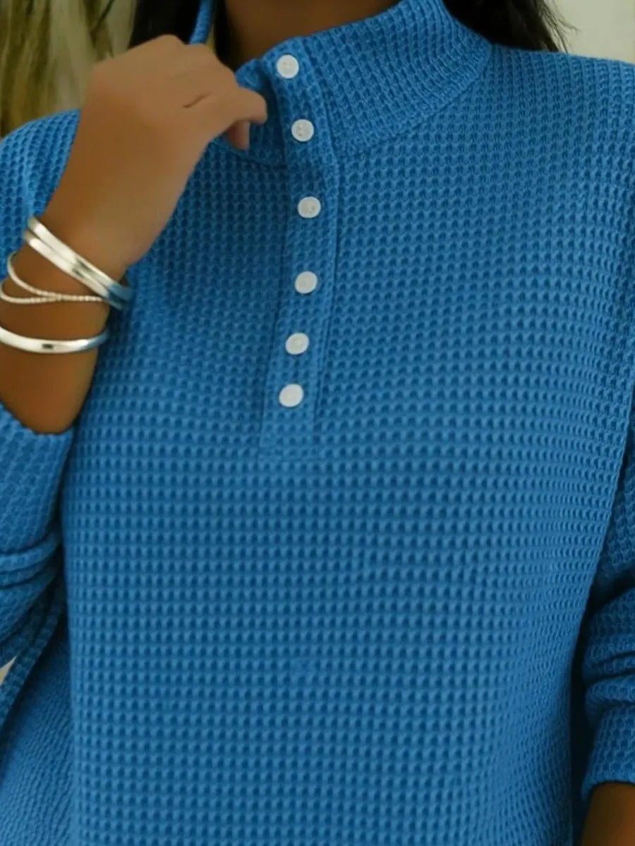 Casual Stand-collar Button-up Waffle-knit Sweatshirt