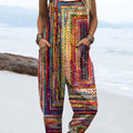Women's Vintage Abstract Geometric Art Print Casual 100% Cotton Wide Leg Jumpsuit