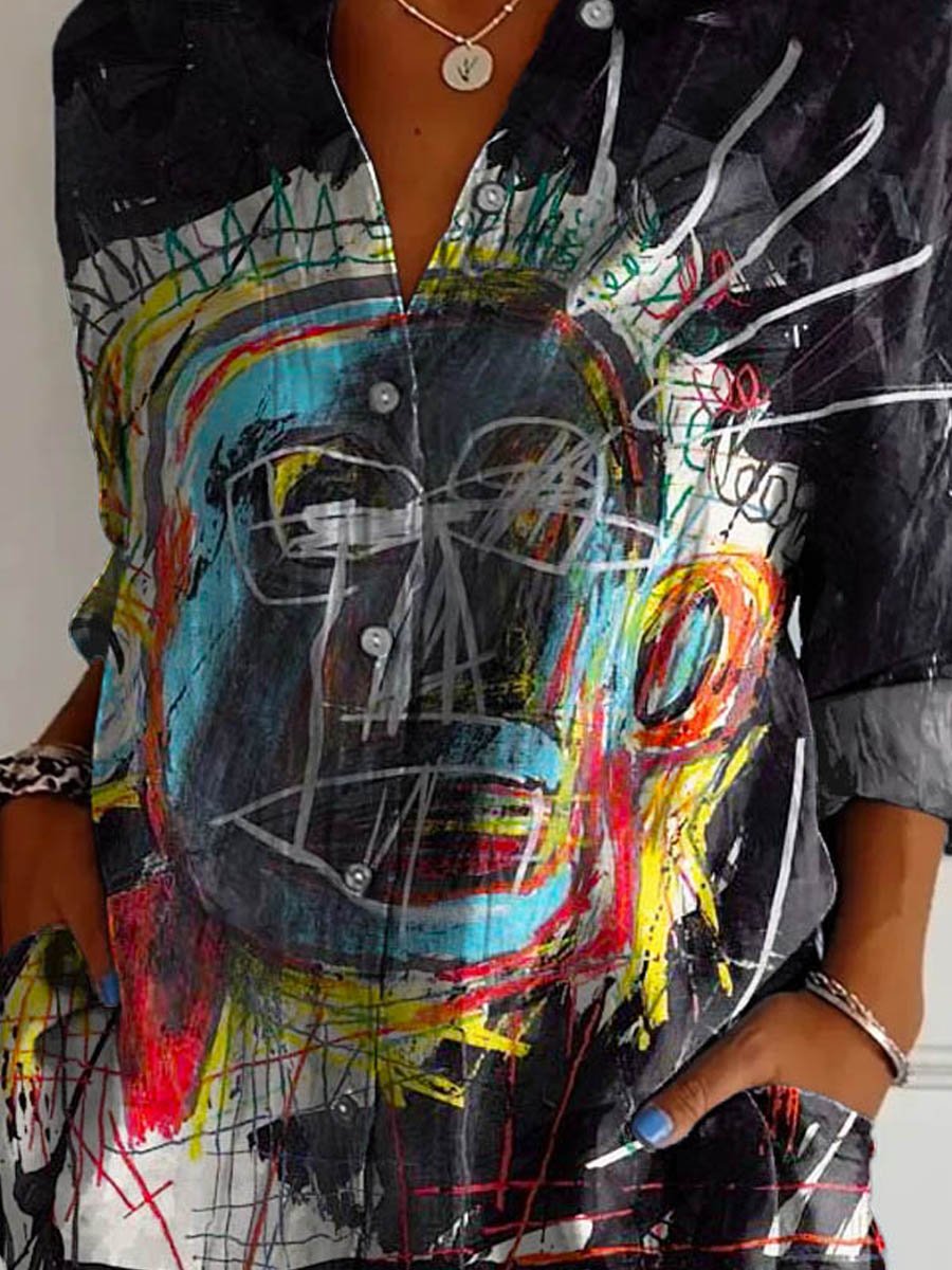 Women's Vintage Abstract Figure Pattern Art Print Casual Cotton Shirt