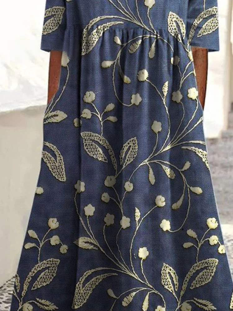 Women's Vintage Floral Art Print Pocket Cotton Dress