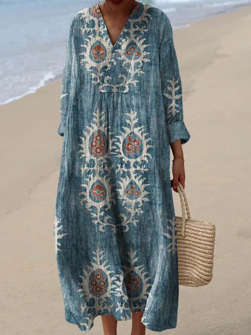 Women's Vintage Ethnic Floral Art Print Cotton Dress