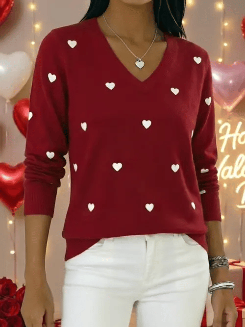 Women's Valentine's Day Heart Jacquard V-neck Long-sleeved Knit Sweater