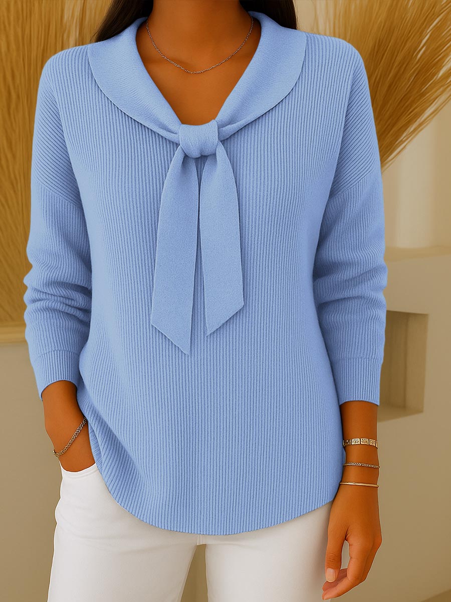 Women's Solid Color Lapel Tie Long Sleeve Casual Loose Sweater
