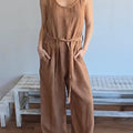 Casual Back Button Tie Linen Solid Color Jumpsuit