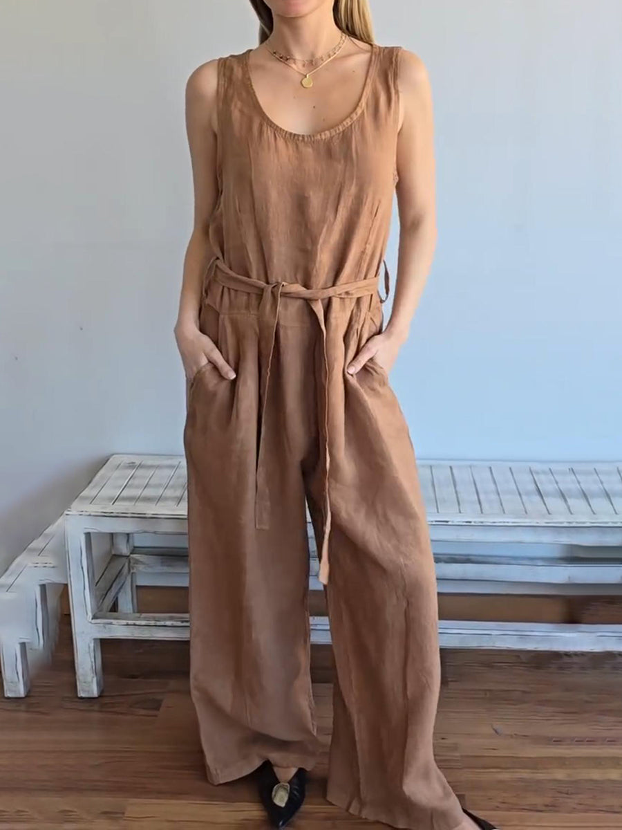 Casual Back Button Tie Linen Solid Color Jumpsuit
