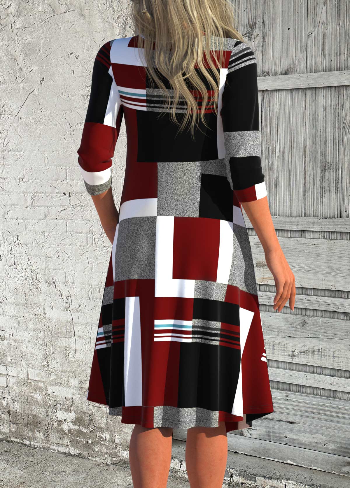 Deep Red Patchwork Geometric Print A Line Dress
