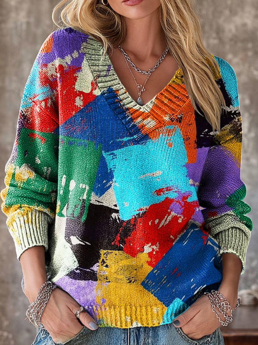 Abstract Multicolor Block Painting Art Print Knit V-neck Pullover Sweater