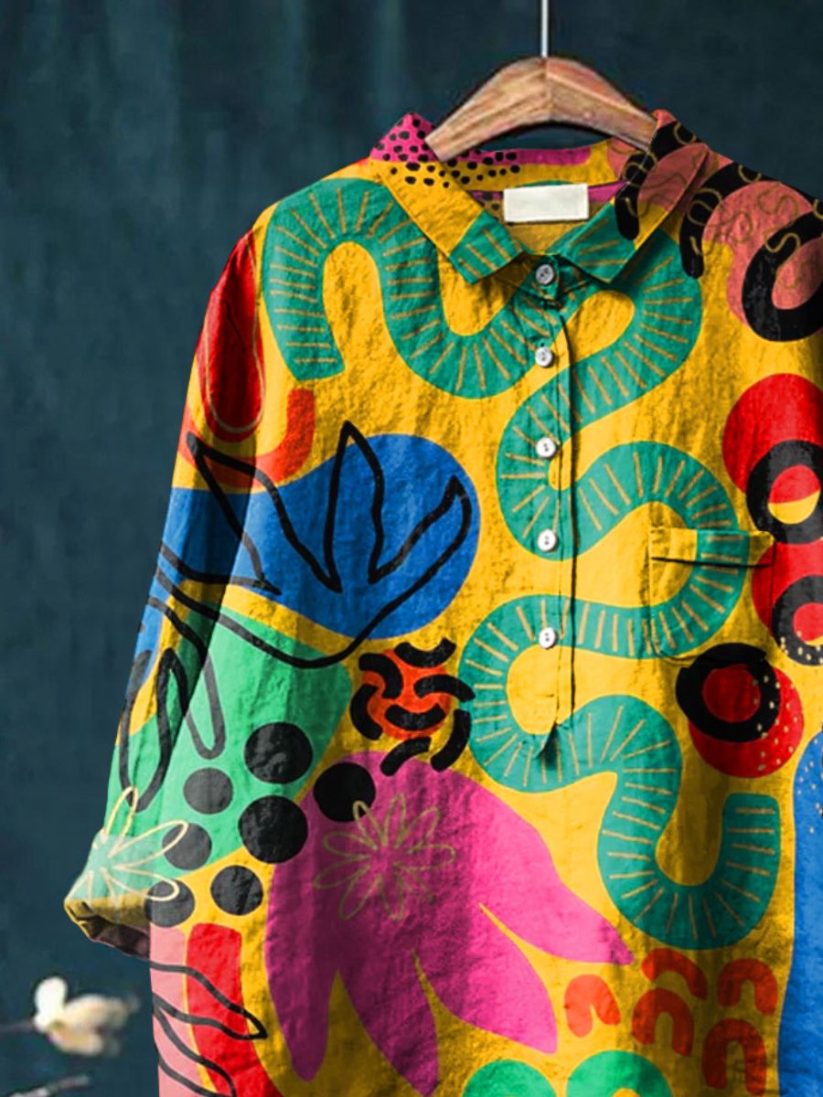 Abstrct Art Printed Women's Casual Cotton And Linen Shirt