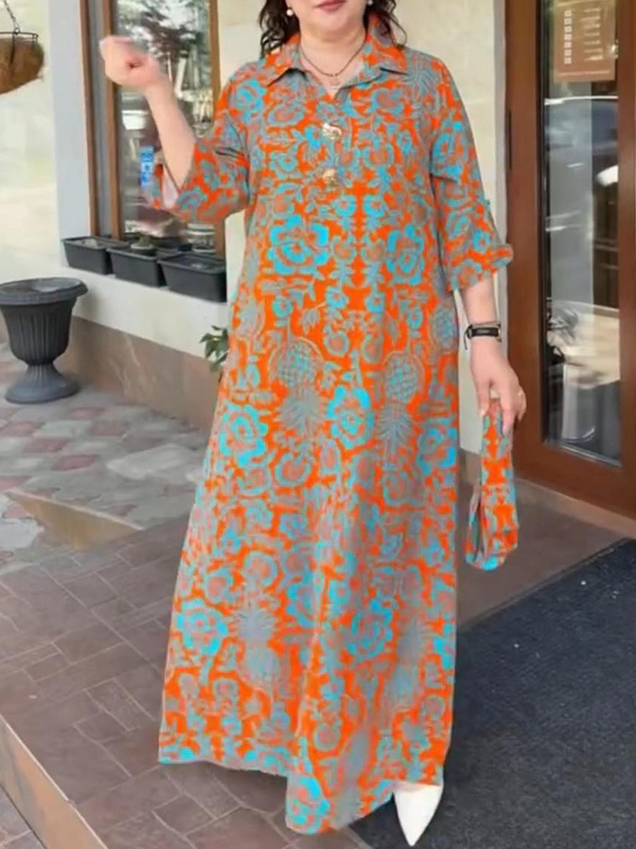 Loose-fitting Printed Dress with Metal Buttons