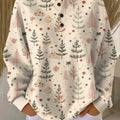Women's Christmas Tree Art Print Casual Waffle Henry Collar Sweatshirt