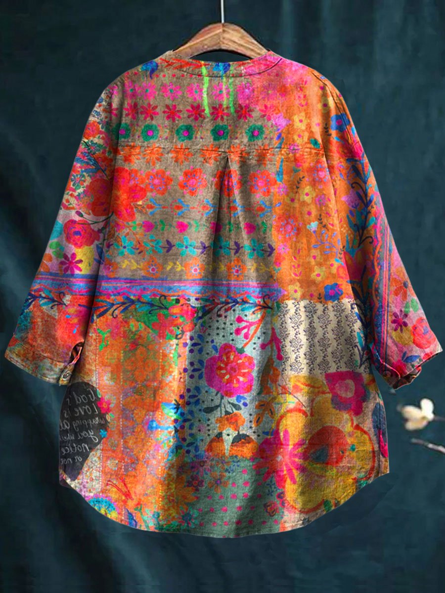 Women's Vintage Flower Art Print Casual Cotton And Linen Shirt