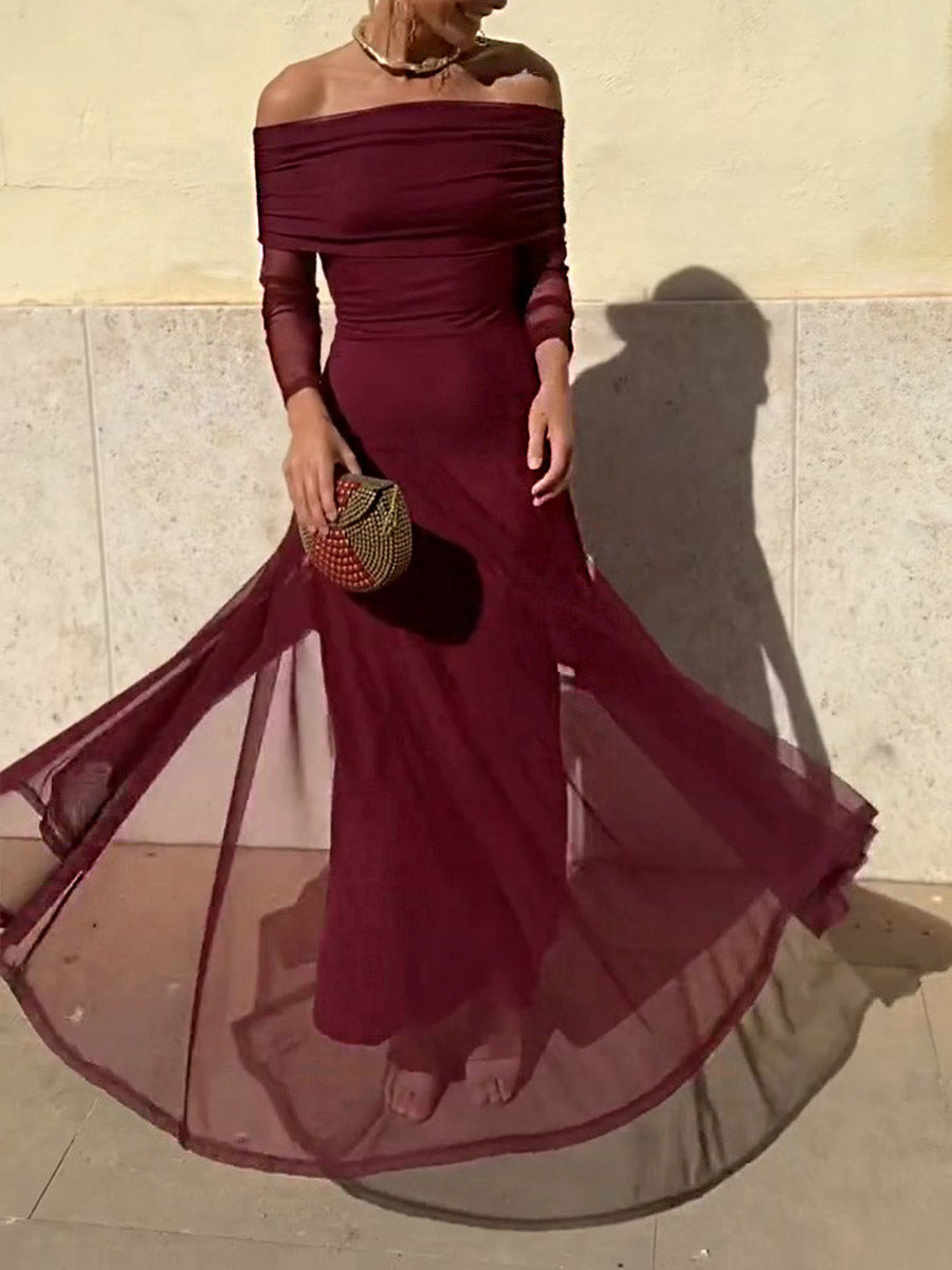 Women's Solid Color One-Shoulder Long Sleeve Casual A-Line Dress