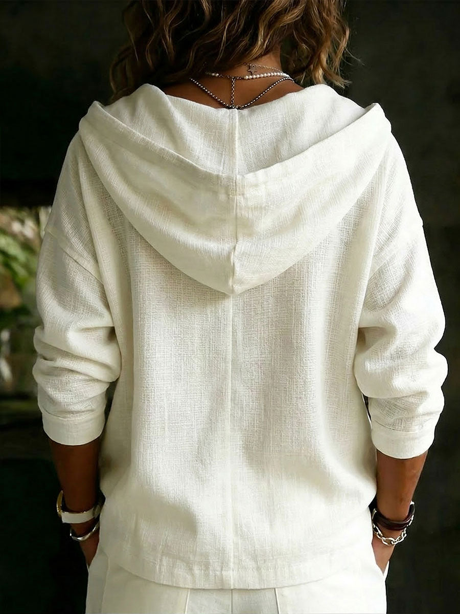 Women's Solid-color Long-sleeve Casual Loose Cotton-linen Hooded Cardigan