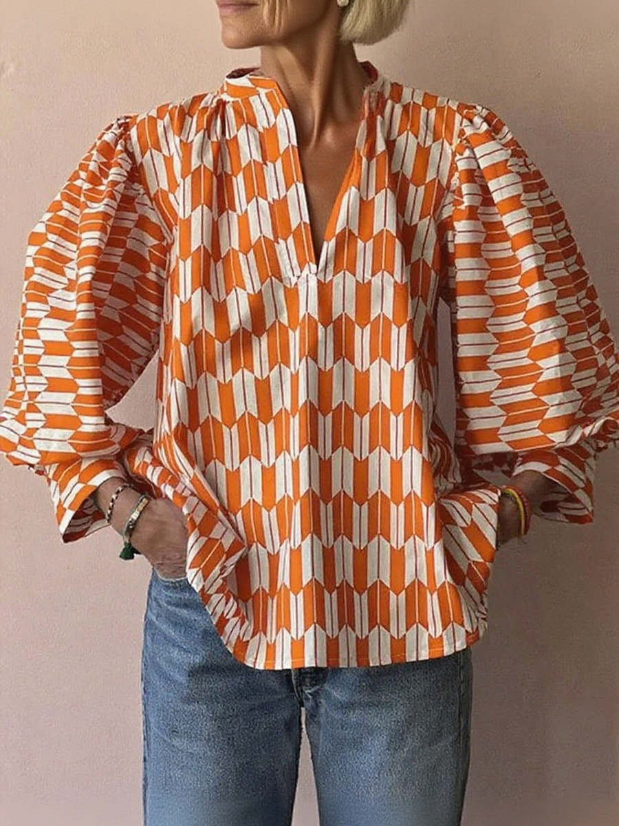 Retro Puff Sleeve Plaid Print Shirt Top