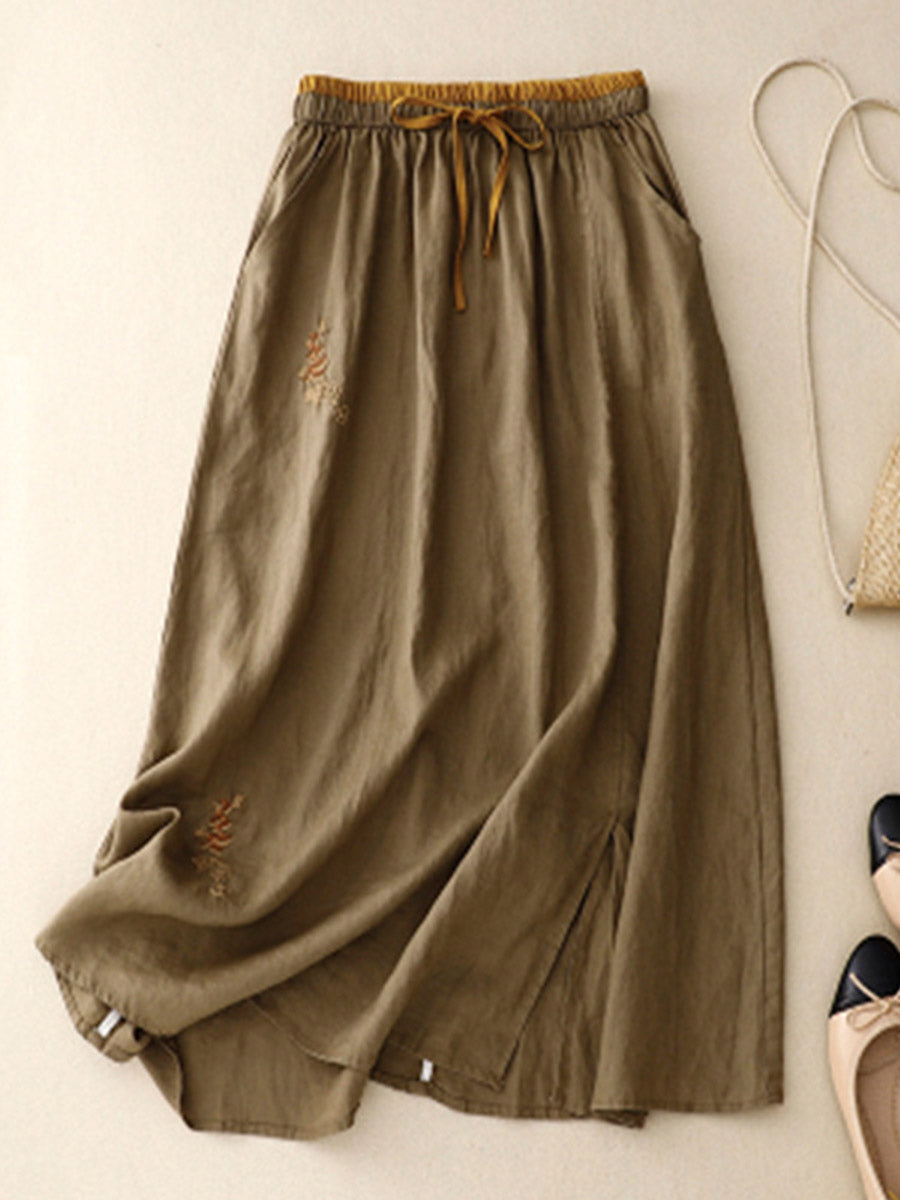 Women's Artistic Embroidery Elastic Waist Colorblock A-Line Loose Linen Skirt