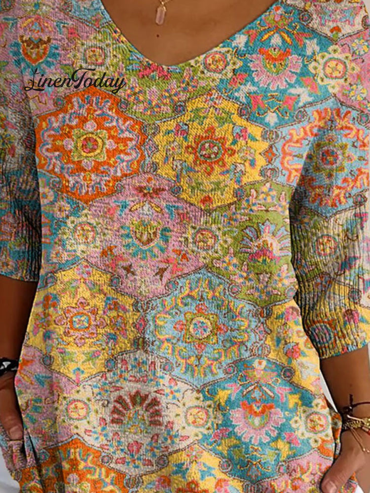 Women's Vintage Ethnic Floral Art Print Casual Pullover Knit