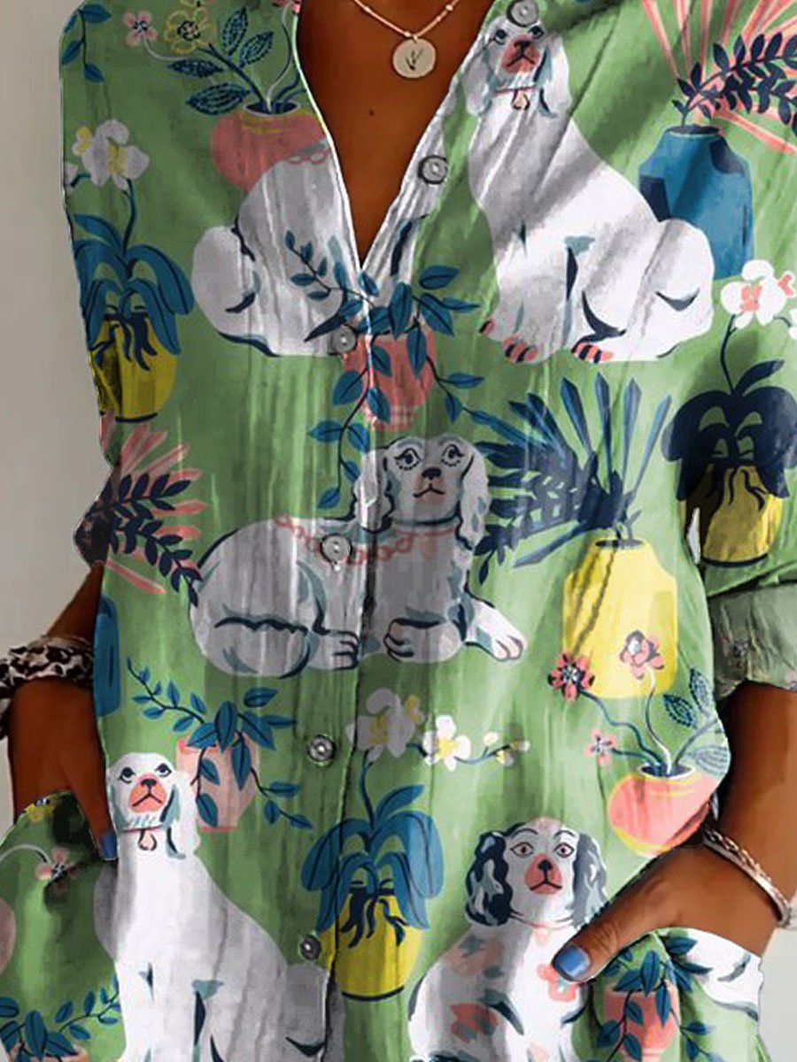 Women's Vintage Lovely Dogs Art Print Casual Cotton Shirt