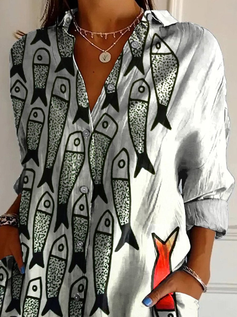 Be The Unique Fish Art Printed Women's Casual Cotton Shirt