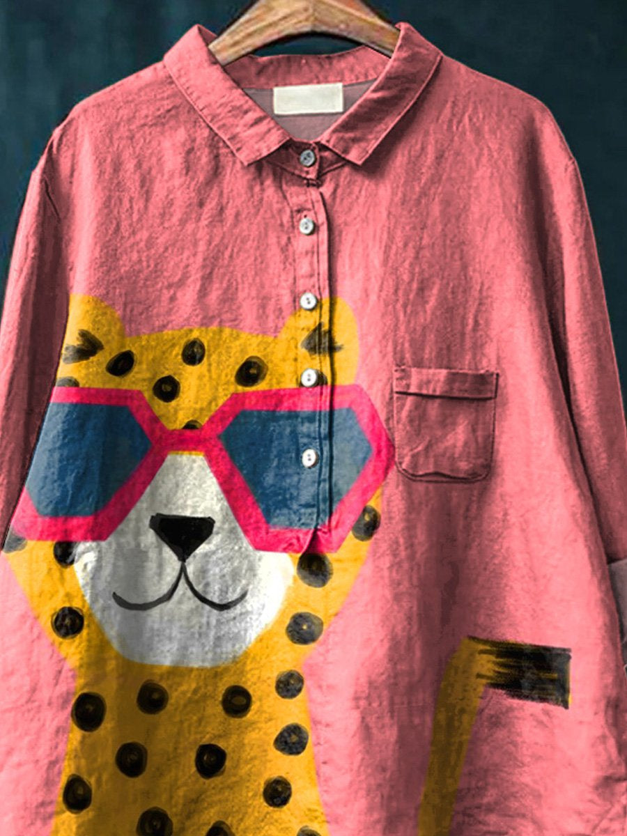 Lovely Leopard In Sunglasses Graphic Printed Women's Casual Cotton And Linen Shirt