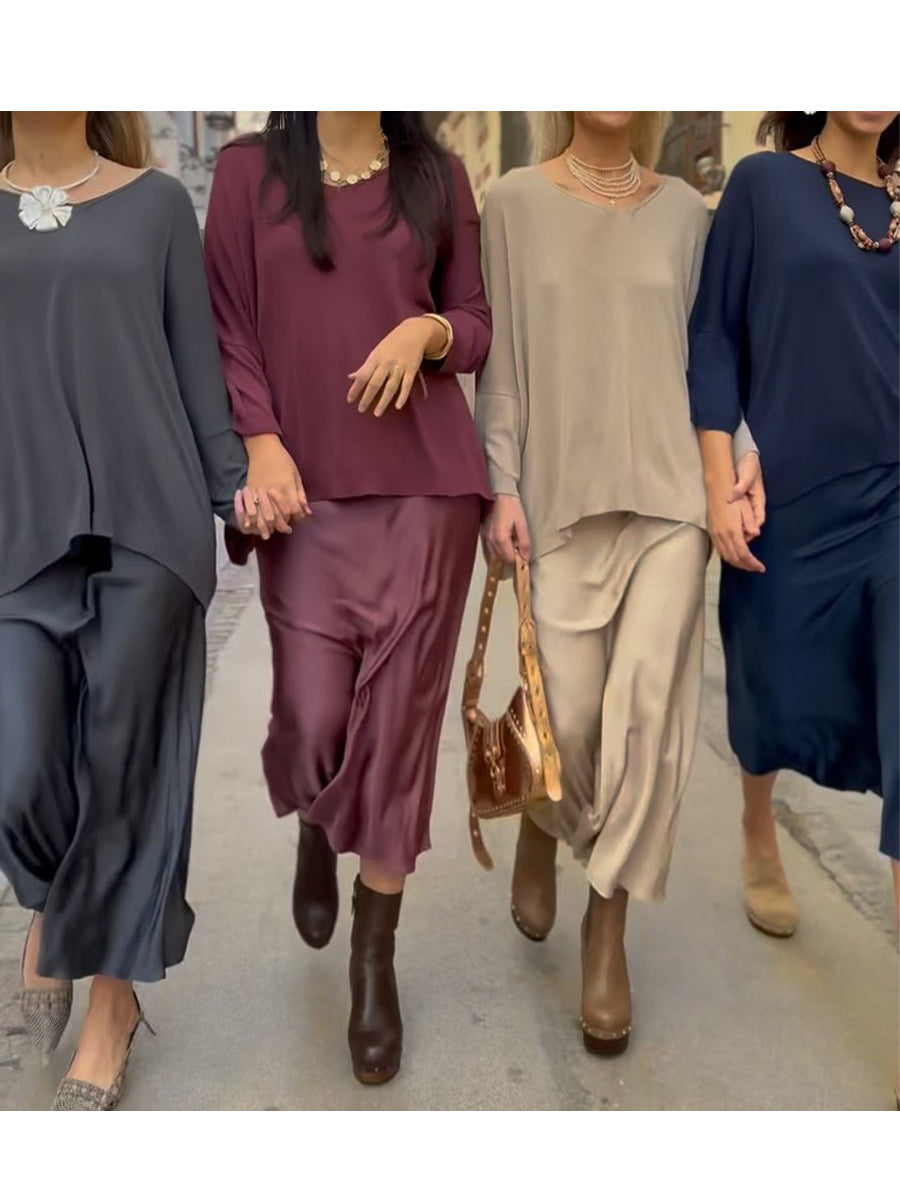 Women's Loose V-neck Knit Top and Satin Skirt Two-piece Set