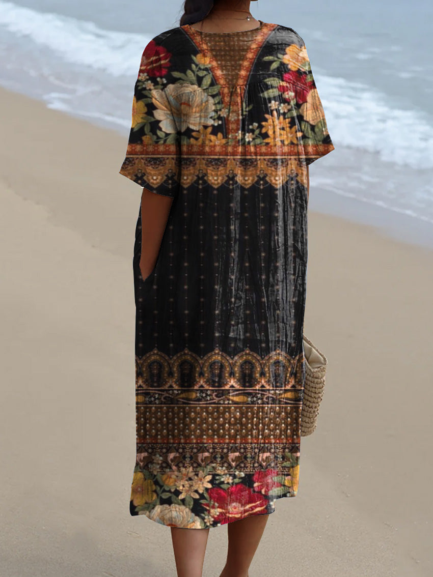 Ethnic Style Floral Pattern Printed Women's Flowy Dress