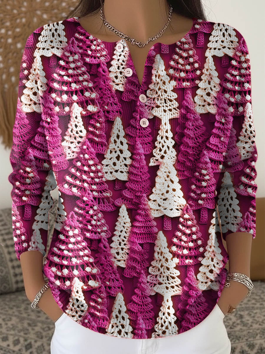 Women's Christmas Tree Art Print Buttoned Cardigan Sweater