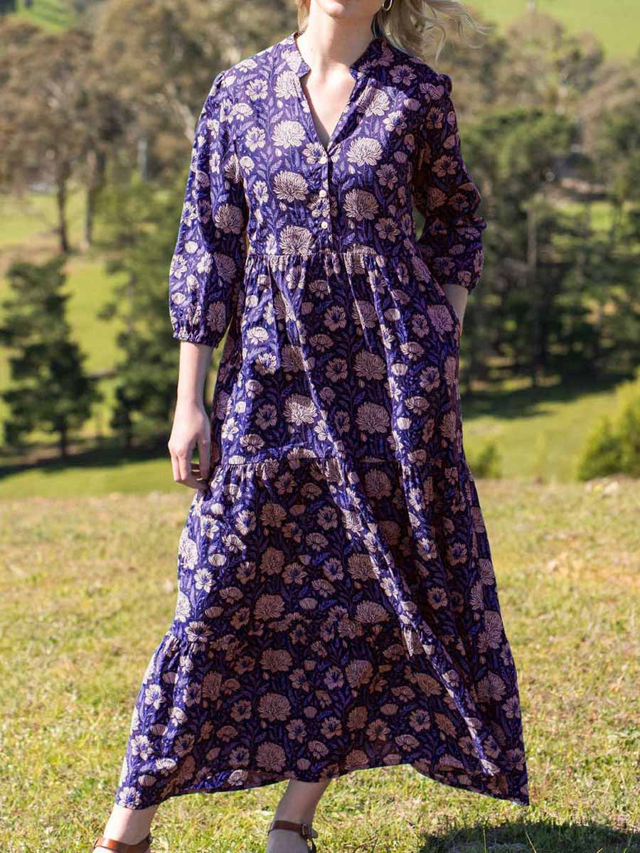 Women's Retro Print V-Neck 3/4 Sleeve Casual Loose A-Line Cotton Dress