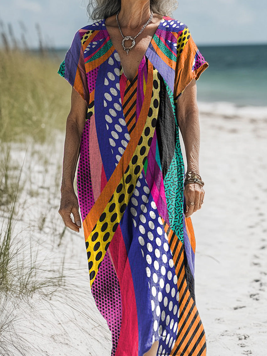 Abstract Geometric Pattern Printed Women's Pocket Cotton Dress