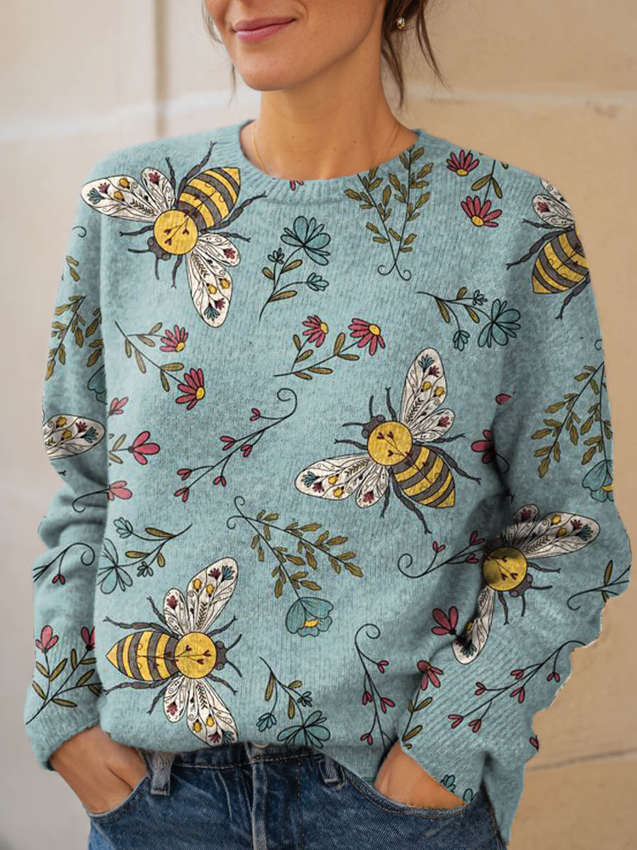 womens-lovely-bees-floral-art-print-knit-pullover-sweater
