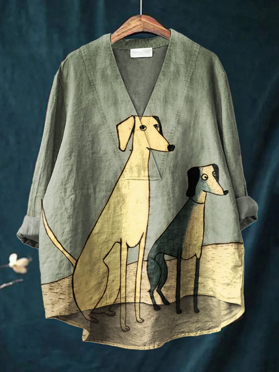 Women's Abstract Art Dog Print Casual Cotton And Linen V-neck Shirt