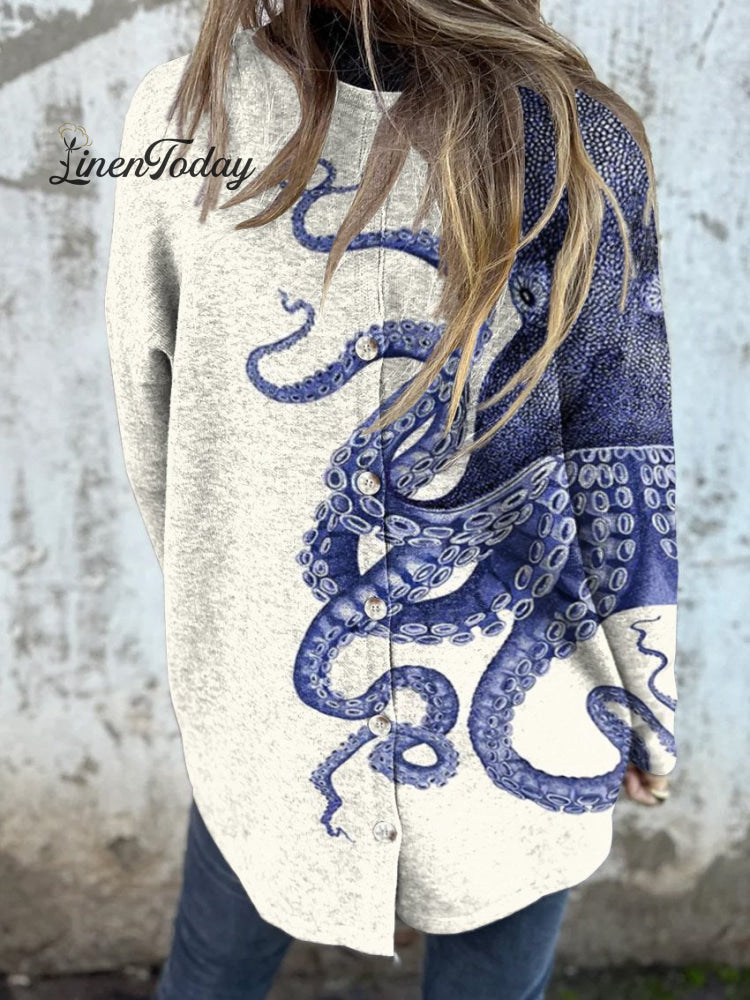 Vintage Deep Sea Octopus Tentacles Art Printed Women's Button Back Casual Knitted Shirt