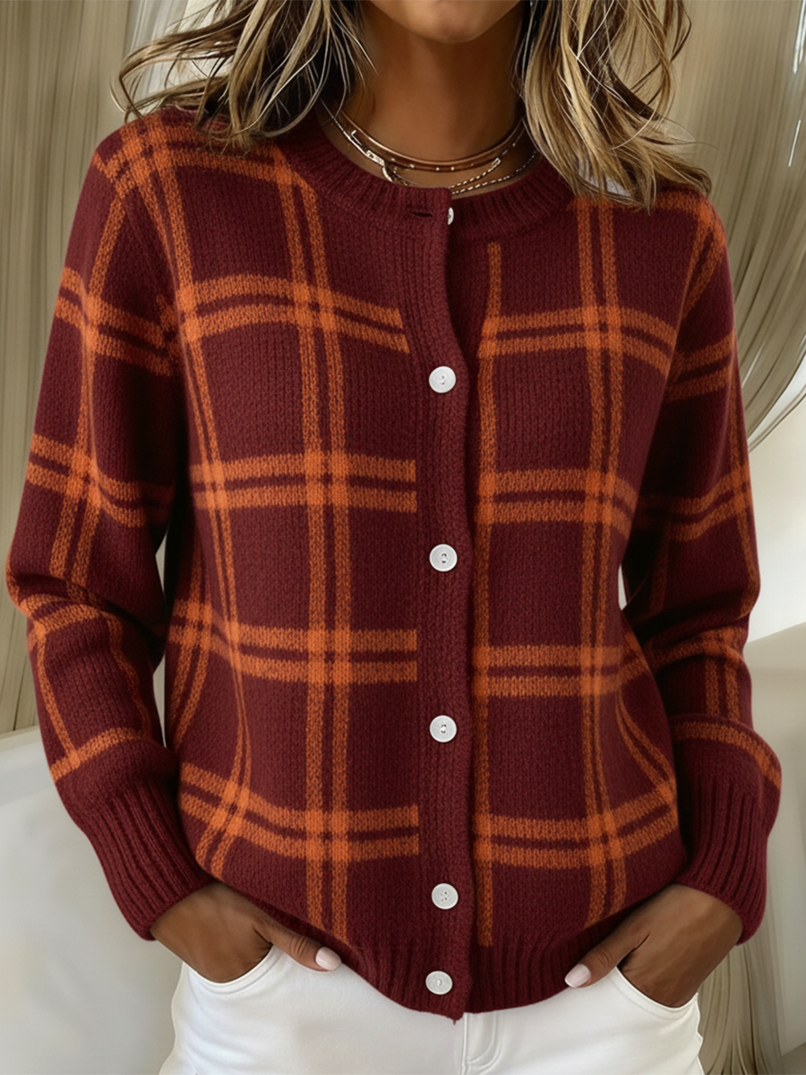 Vintage Soft Plaid Contrast Color Round Neck Button Knit Cardigan Sweater