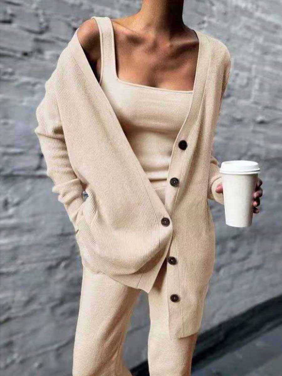 Women's Solid Color Casual Elegant Knitted Three-piece Jacket Vest Pants Set