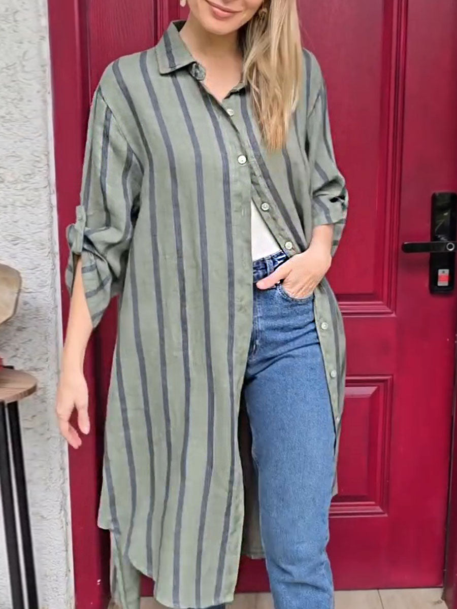 Women's Lapel Long Sleeve Striped Print Casual Cotton and Linen Shirt Dress