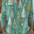 Dreamy Blue Christmas Tree Cedar Print Henley Neck Sweater Top