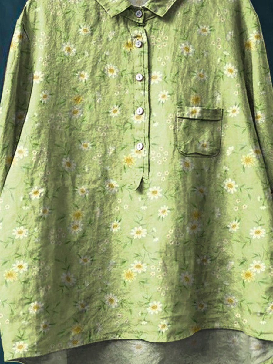 Women's Vintage Floral Art Print Casual Cotton And Linen Shirt