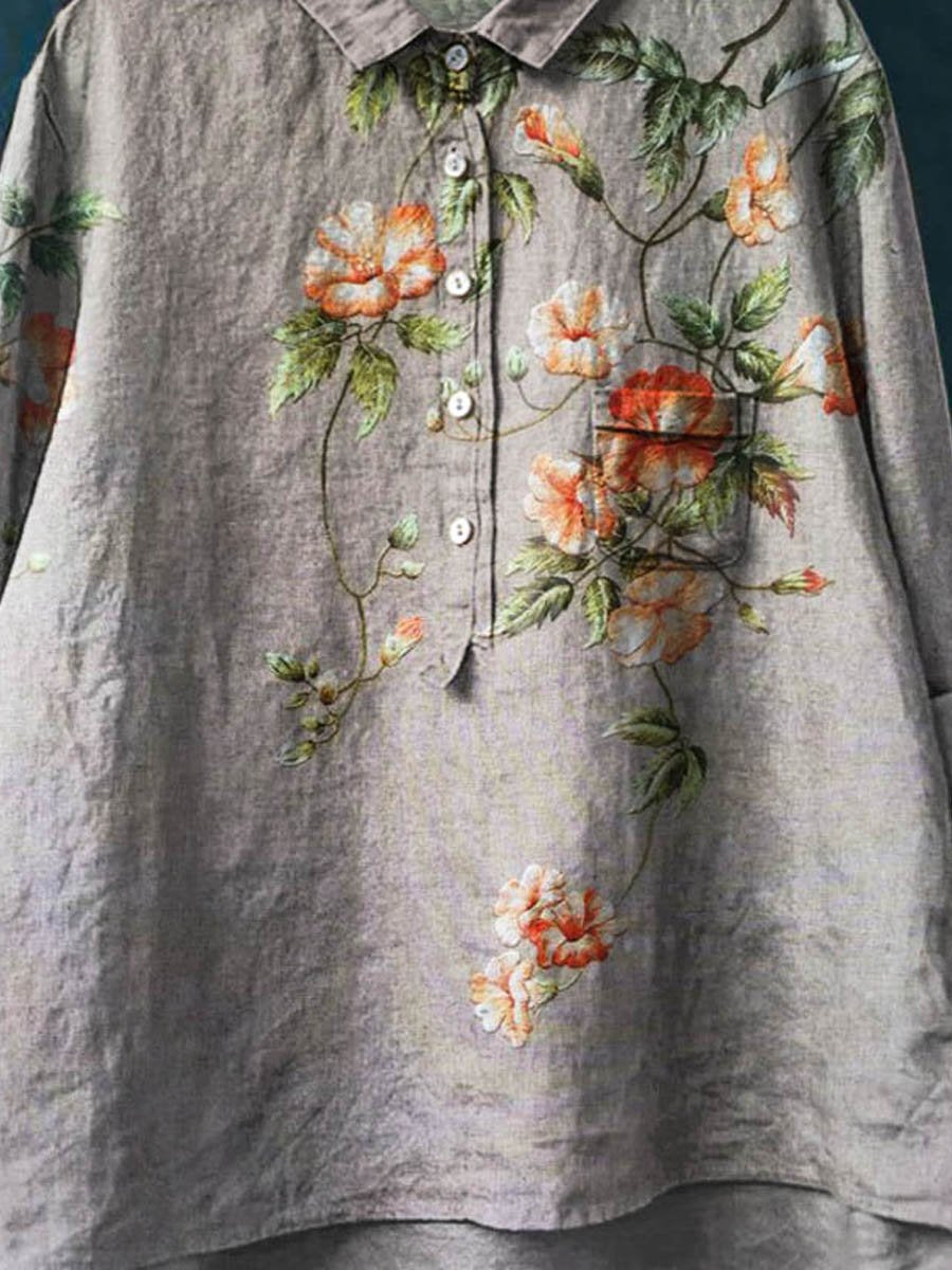 Women's Vintage Ethnic Floral Art Print Casual Cotton And Linen Shirt