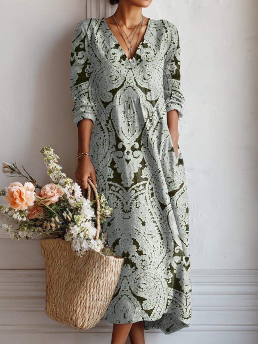 Women's Vintage Floral Art Print Casual Cotton Linen Pocket Dress