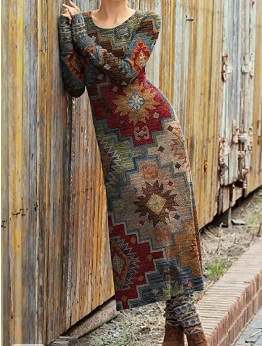Women's Retro Contrast Color Totem Print Stretch Knit Dress