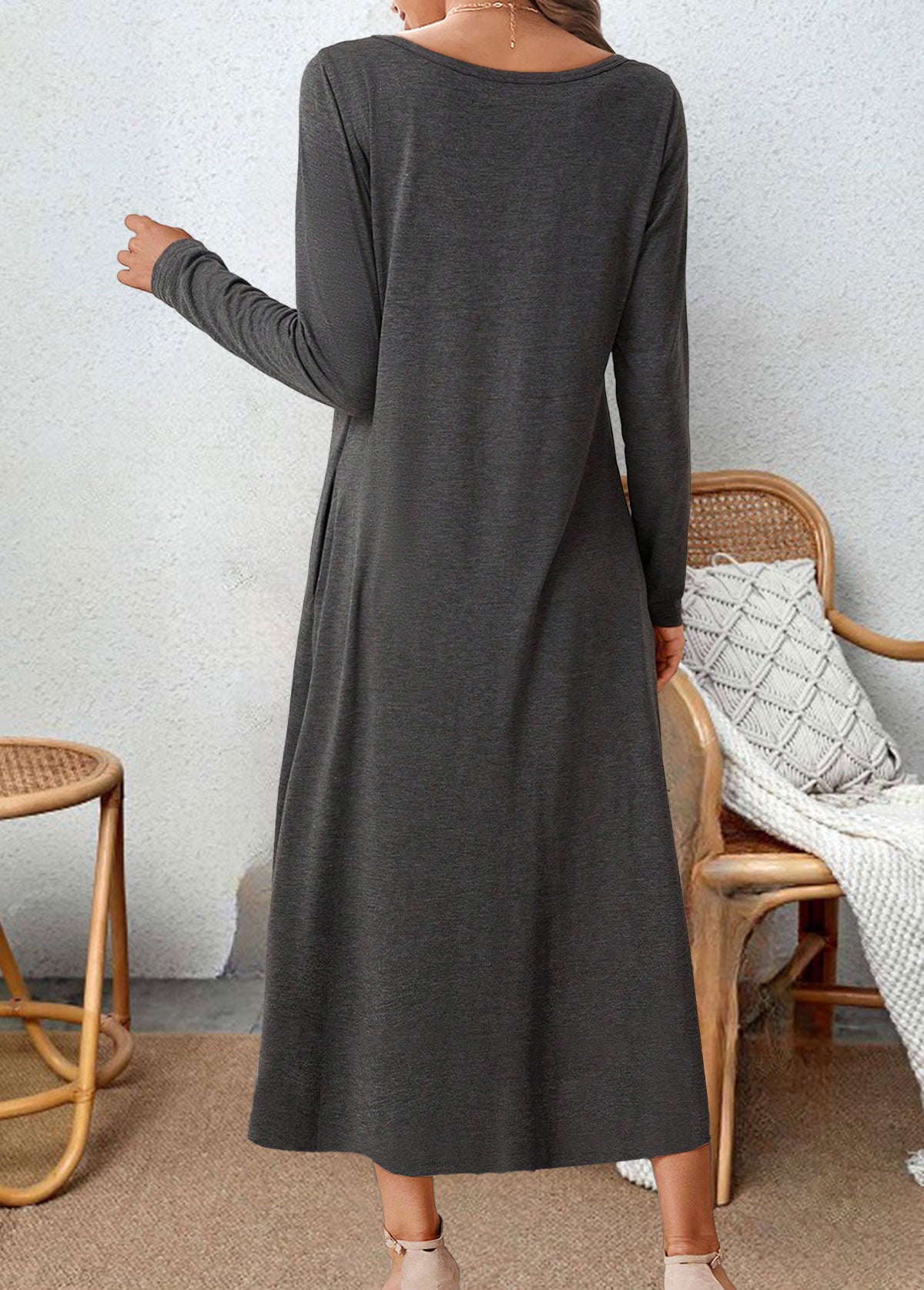 Dark Grey Asymmetry Leopard A Line Long Sleeve Dress