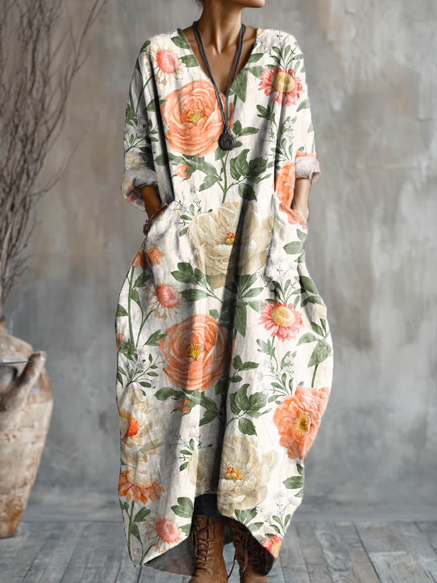 Women's Vintage Floral Art Pattern Print Pocket V-neck Cotton Dress