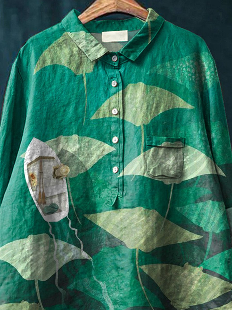 Manta Ray Fish Migration Art Printed Women's Casual Cotton And Linen Shirt