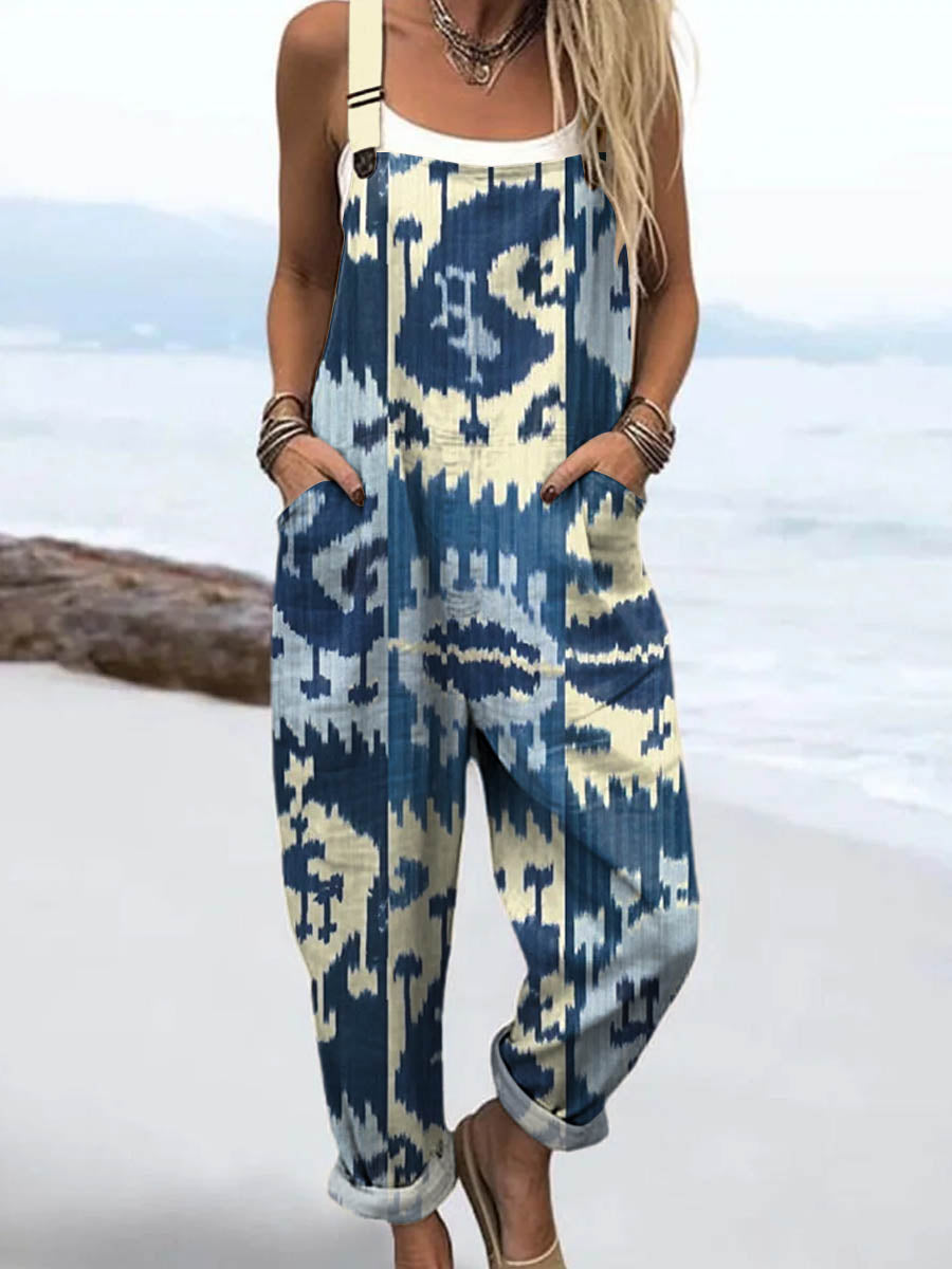 Women's Vintage Ethnic Pattern Art Print Casual 100% Cotton Wide Leg Jumpsuit