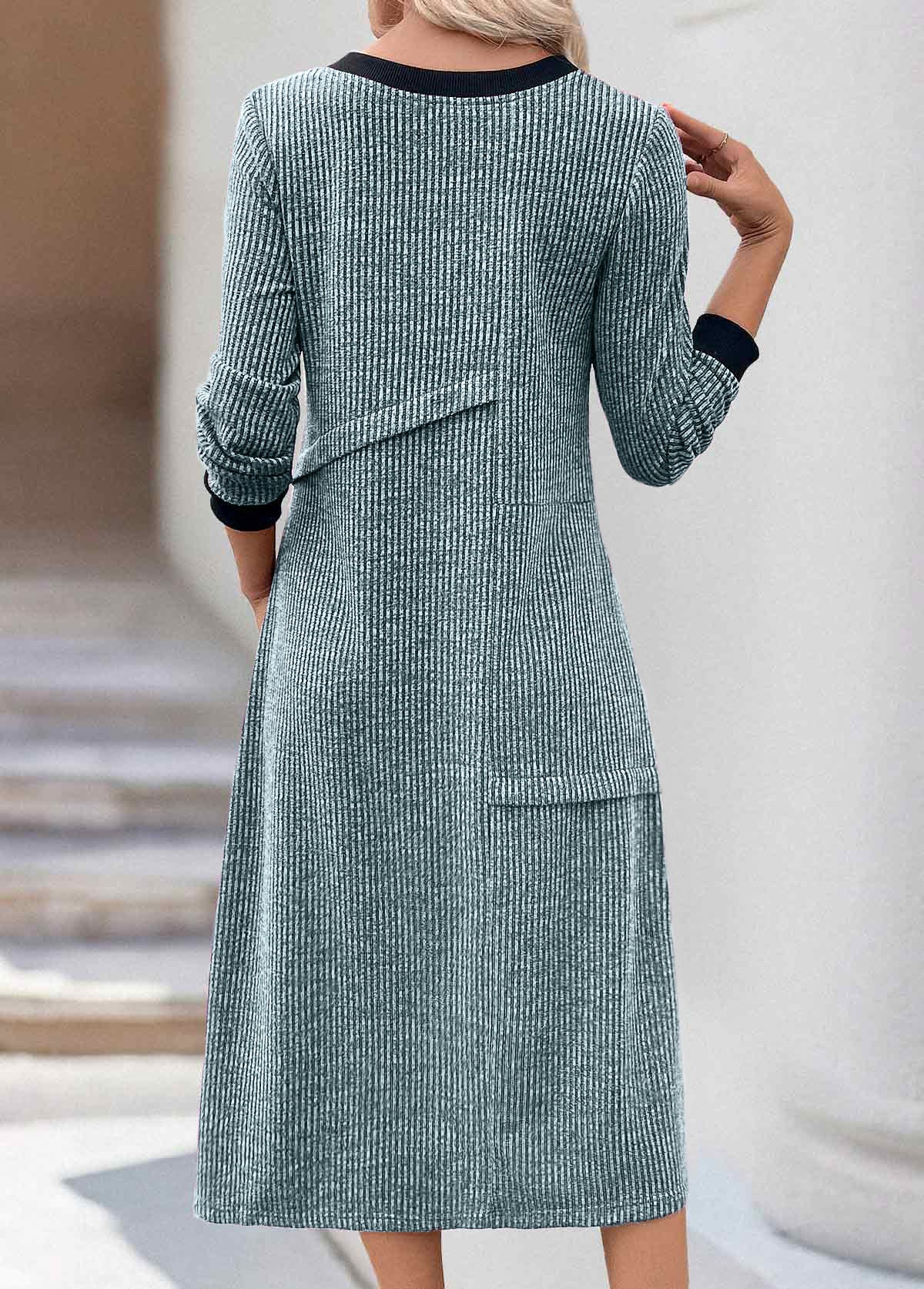 Light Blue Patchwork A Line Long Sleeve Dress