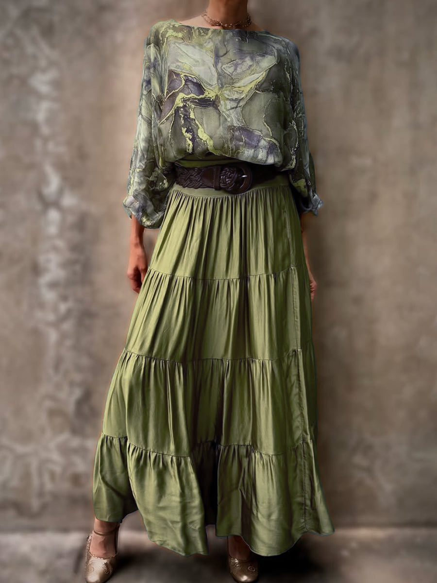 Marble Print Top and Skirt Two-piece Set