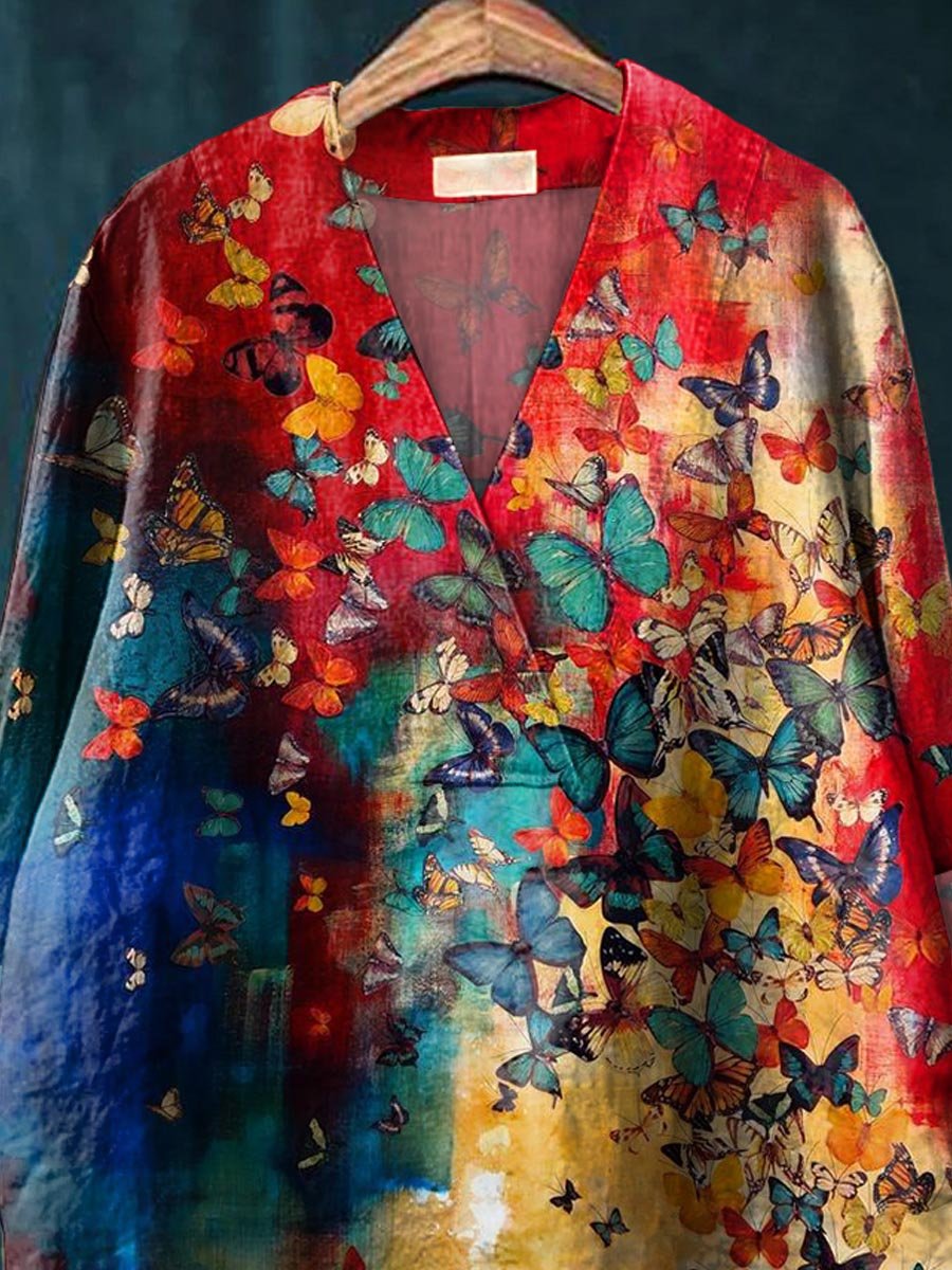 Women's Butterfly Print Casual Cotton And Linen V-neck Shirt